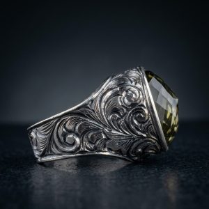 MÜCEVHER SANATI | Usta İşi El Kalem Gravür Kasa | Safir , Yakut Ve Dumanlı Quartz  Taş | Tamamen Kişiye Özel | 925 Ayar Gümüş